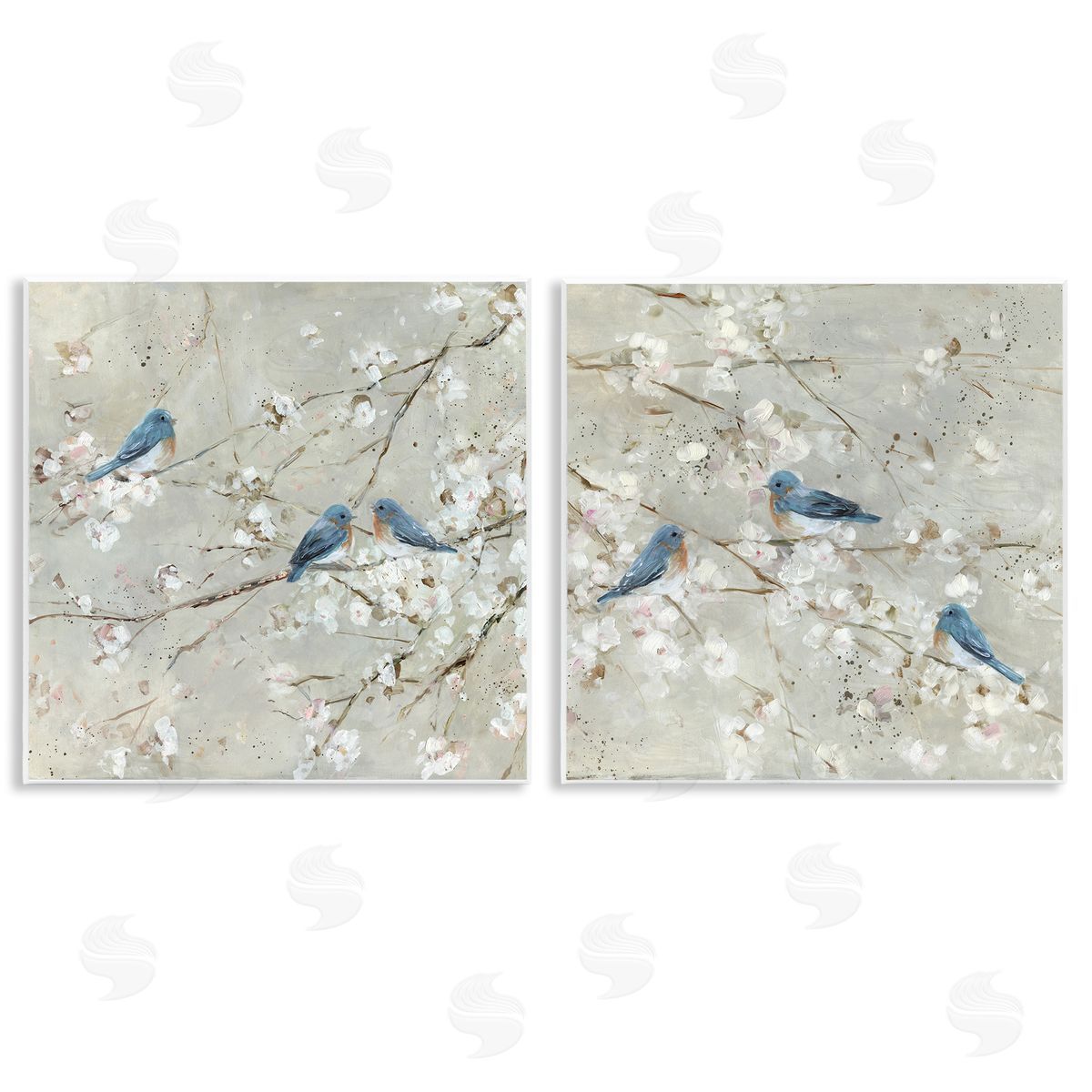 Blue Birds Perched Tree Blossoms Wood Plaque Wall Art, Home Decor by Sally Swatland