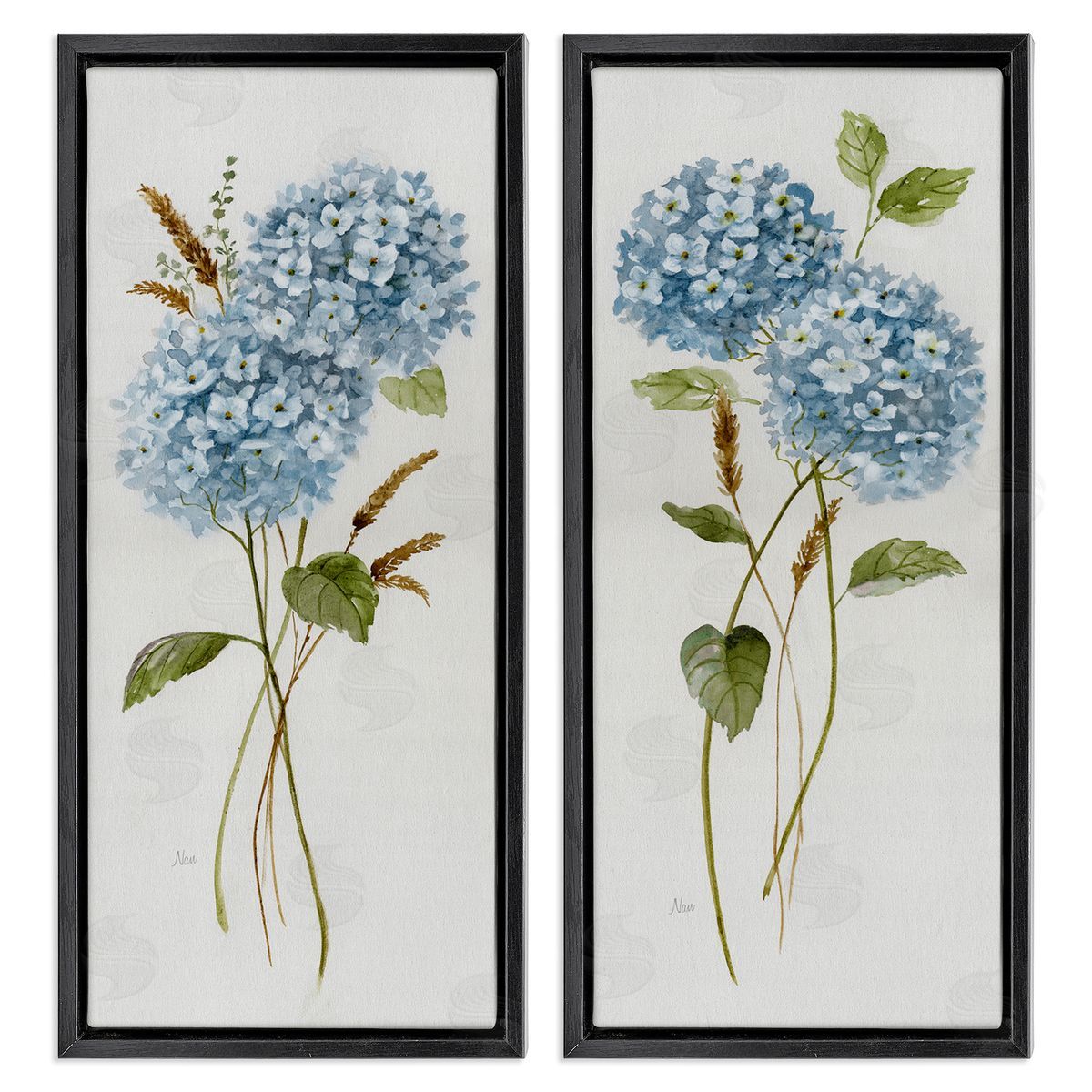 Blue Hydrangea Long Stems Black Floating Frame Canvas Wall Art, Home Decor by Nan