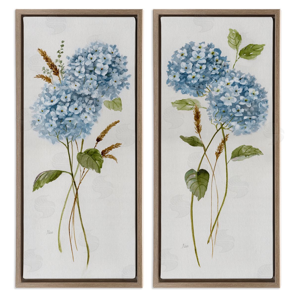 Blue Hydrangea Long Stems Brown Floating Frame Canvas Wall Art, Home Decor by Nan