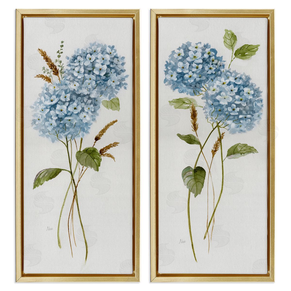 Blue Hydrangea Long Stems Gold Floating Frame Canvas Wall Art, Home Decor by Nan