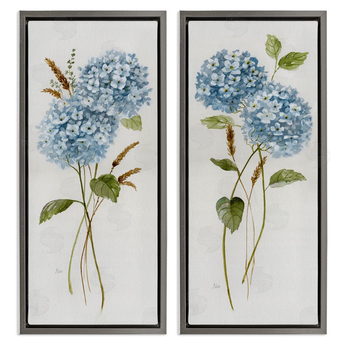 Blue Hydrangea Long Stems Grey Floating Frame Canvas Wall Art, Home Decor by Nan