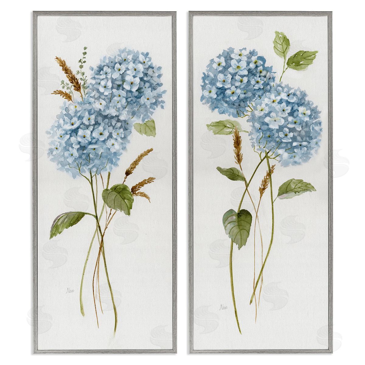 Blue Hydrangea Long Stems Grey Frame Print Wall Art, Home Decor by Nan