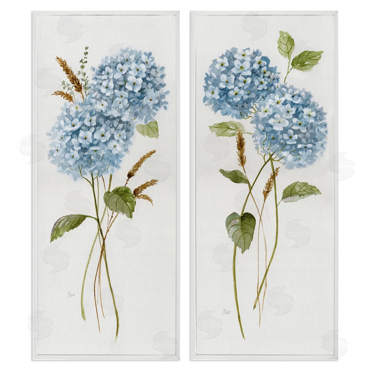 Blue Hydrangea Long Stems White Frame Print Wall Art, Home Decor by Nan