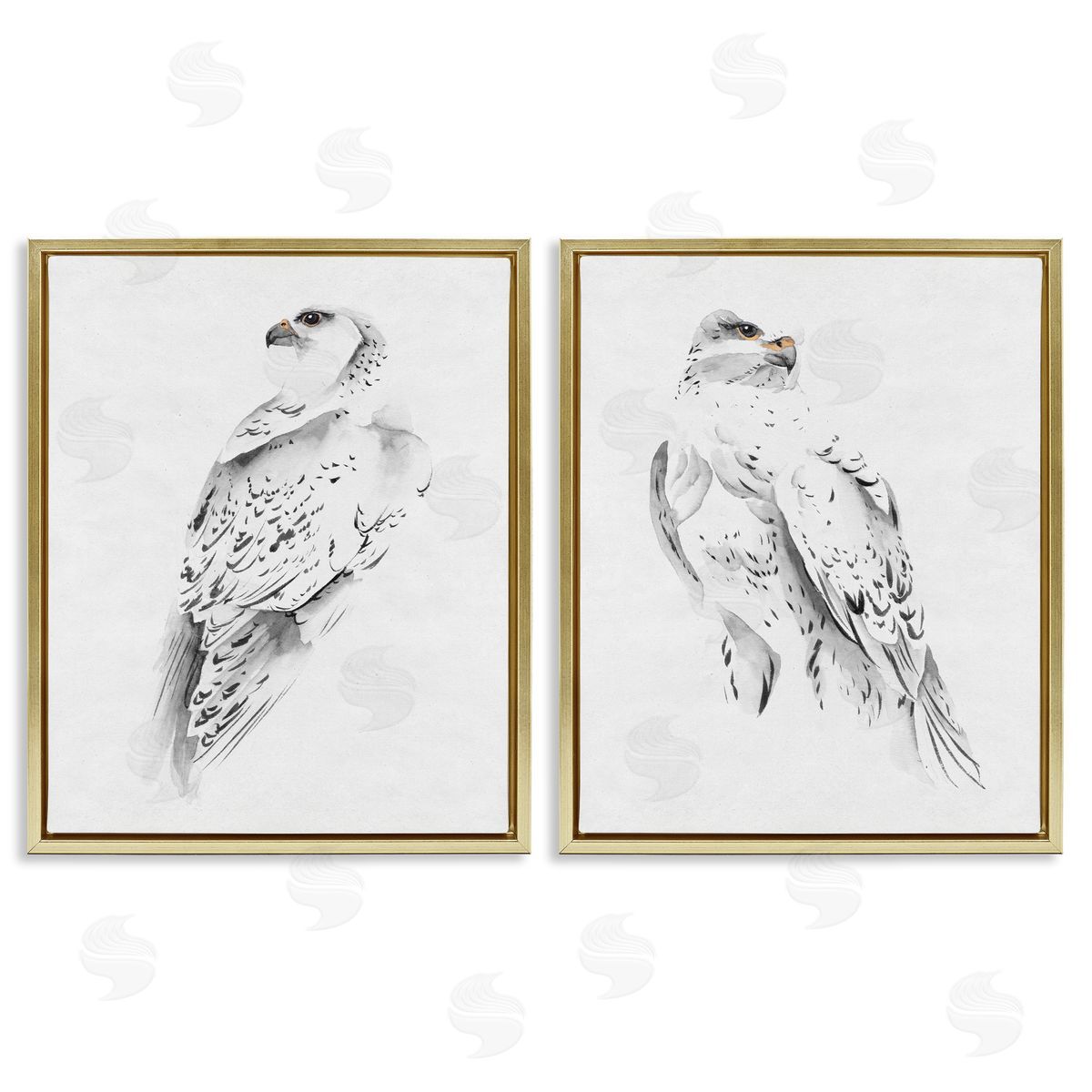 White Hawk Winter Birds Gold Floating Frame Canvas Wall Art, Home Decor by Melissa Wang