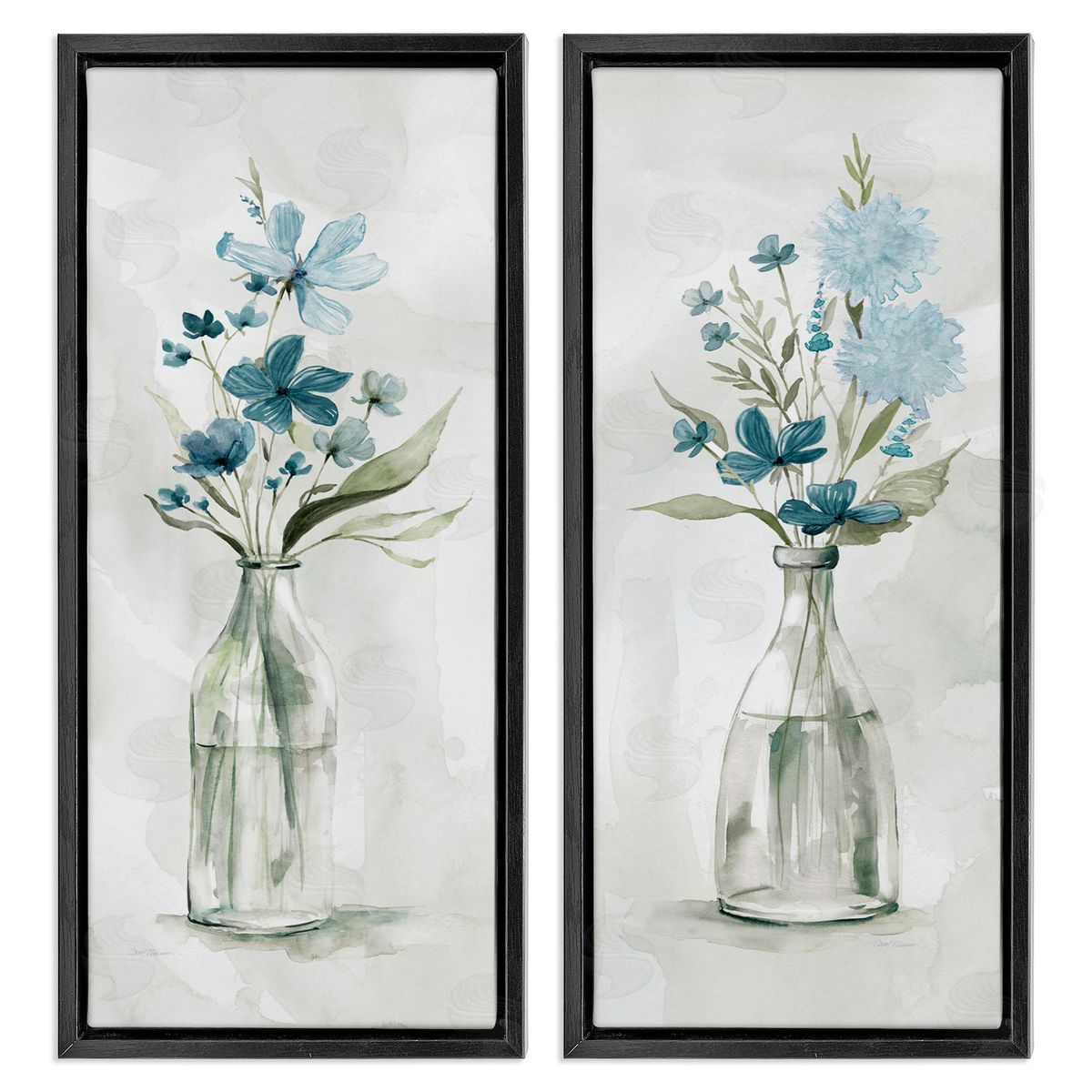 Elegant Indigo Lilac Flower Jars Black Floating Frame Canvas Wall Art, Home Decor by Carol Robinson