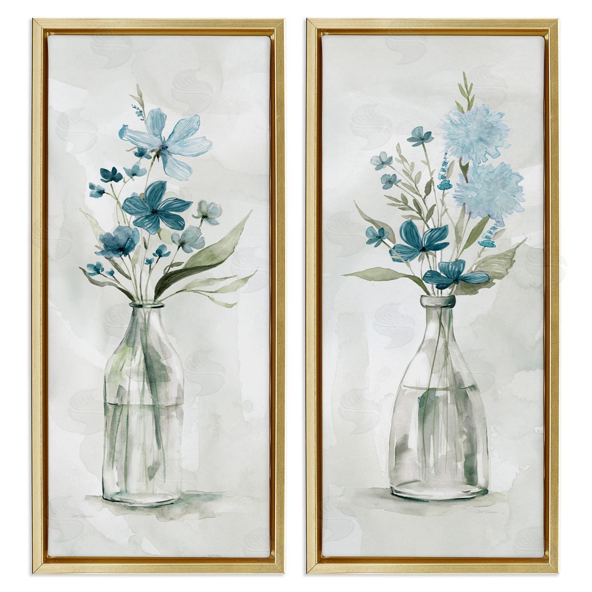 Elegant Indigo Lilac Flower Jars Gold Floating Frame Canvas Wall Art, Home Decor by Carol Robinson