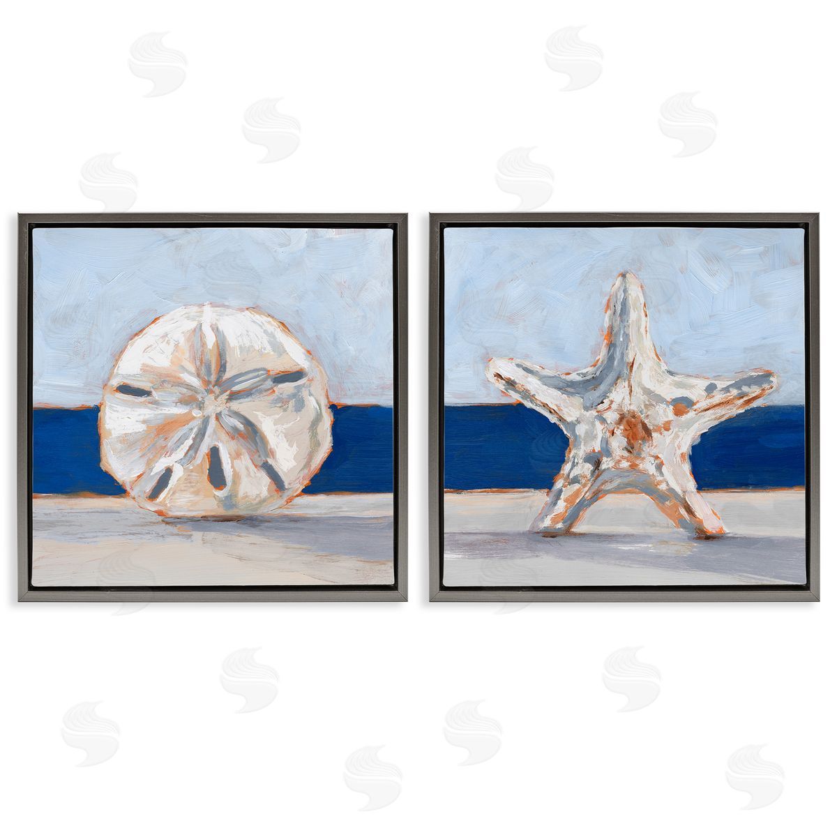 Sea Life Starfish Seashell Painting Grey Floating Frame Canvas Wall Art, Home Decor by Ethan Harper