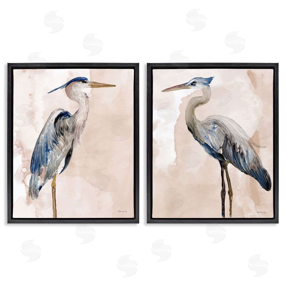 Beautiful Heron Birds Standing Watercolor Black Floating Frame Canvas Wall Art, Home Decor by Stellar Design Studio