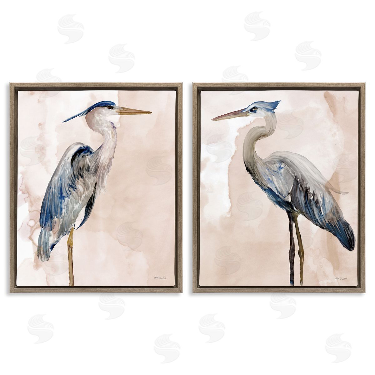 Beautiful Heron Birds Standing Watercolor Brown Floating Frame Canvas Wall Art, Home Decor by Stellar Design Studio
