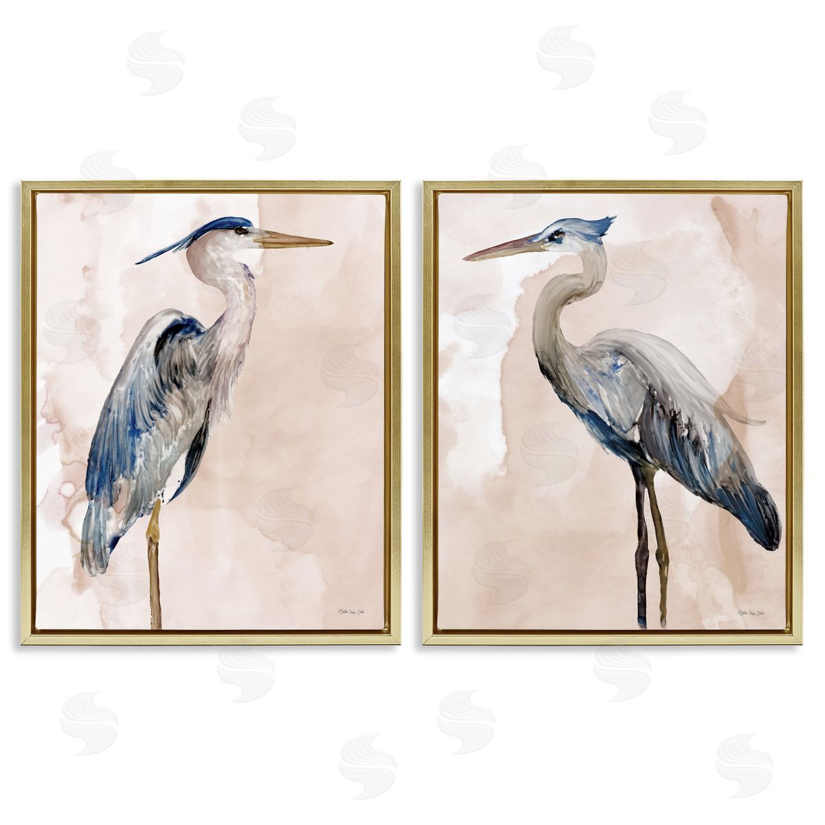 Beautiful Heron Birds Standing Watercolor Gold Floating Frame Canvas Wall Art, Home Decor by Stellar Design Studio