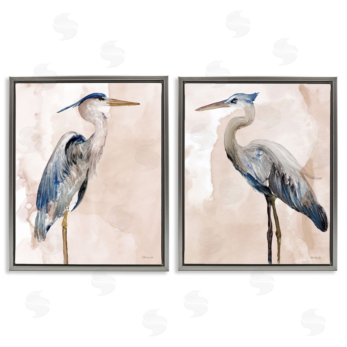 Beautiful Heron Birds Standing Watercolor Grey Floating Frame Canvas Wall Art, Home Decor by Stellar Design Studio
