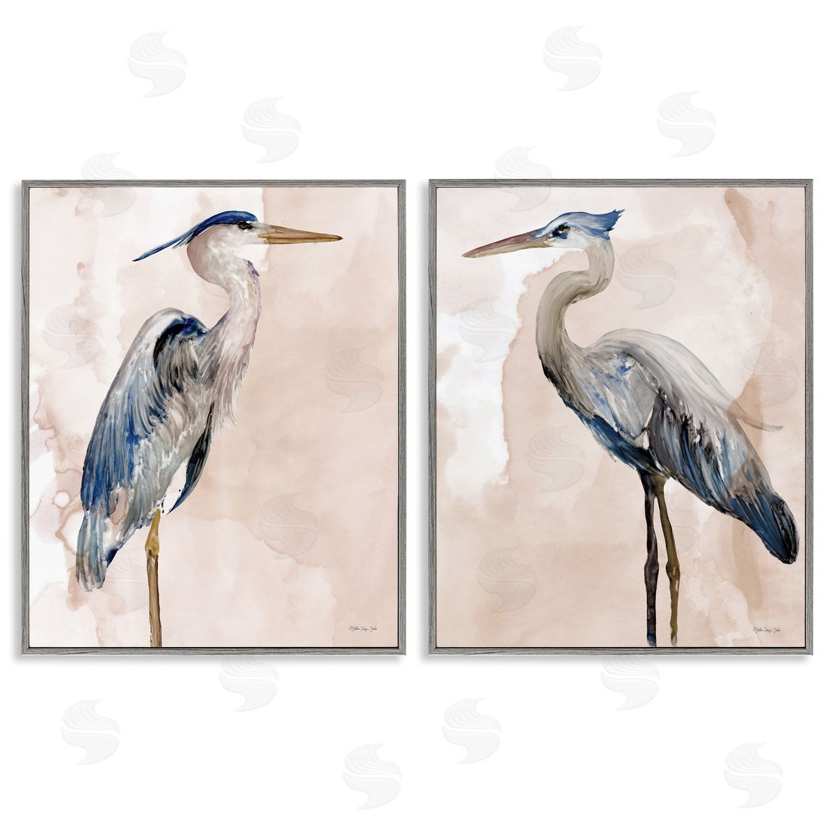 Beautiful Heron Birds Standing Watercolor Grey Frame Print Wall Art, Home Decor by Stellar Design Studio