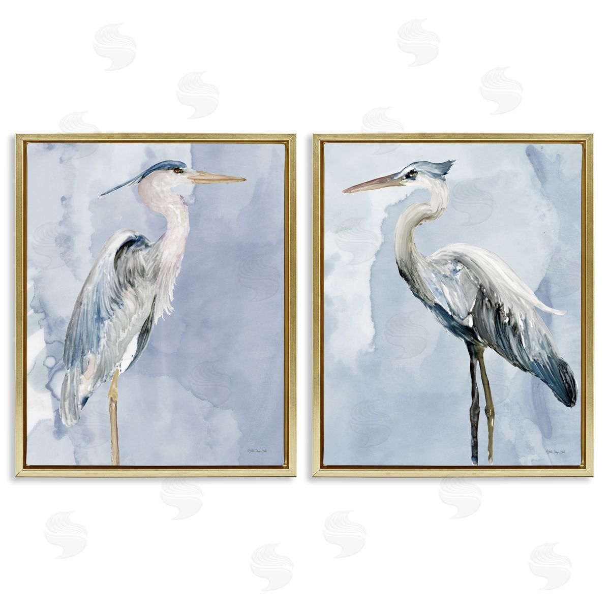 Heron Birds Standing Blue Sky Gold Floating Frame Canvas Wall Art, Home Decor by Stellar Design Studio