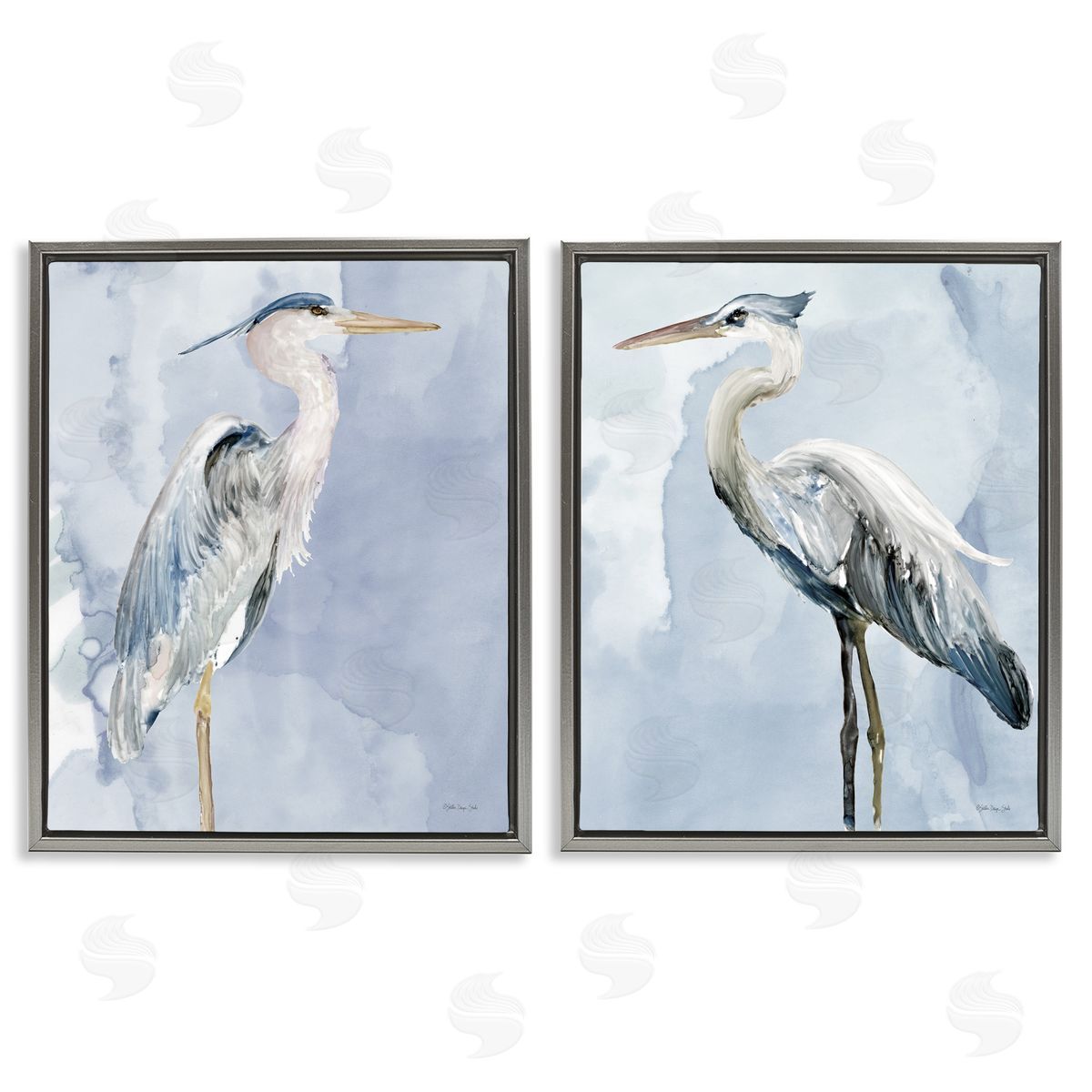 Heron Birds Standing Blue Sky Grey Floating Frame Canvas Wall Art, Home Decor by Stellar Design Studio