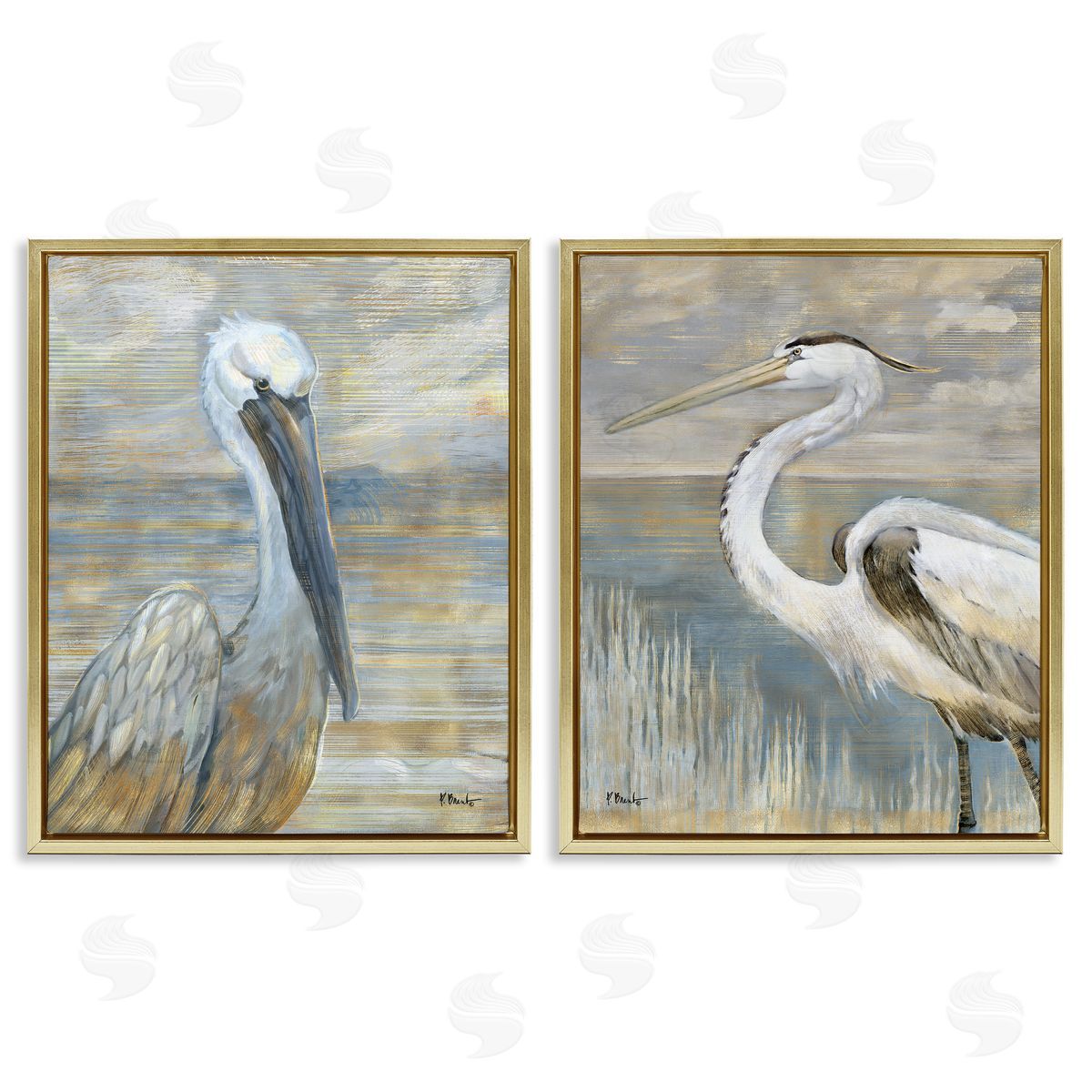 Sea Birds Abstract Beach Gold Floating Frame Canvas Wall Art, Home Decor by Paul Brent