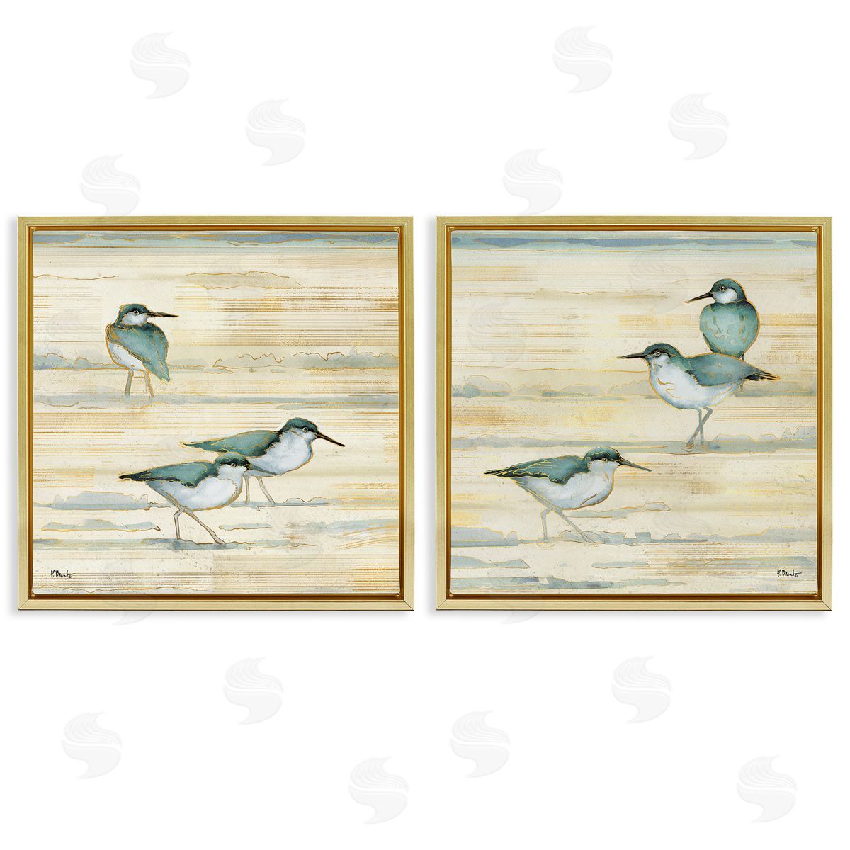 Sandpipers Abstract Water Shoreline Gold Floating Frame Canvas Wall Art, Home Decor by Paul Brent