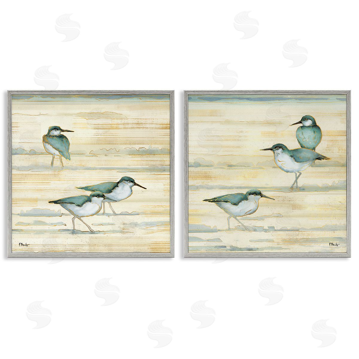 Sandpipers Abstract Water Shoreline Grey Frame Print Wall Art, Home Decor by Paul Brent
