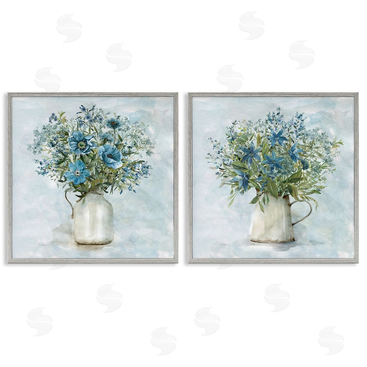 Country Mixed Floral Bouquets Grey Frame Print Wall Art, Home Decor by Carol Robinson