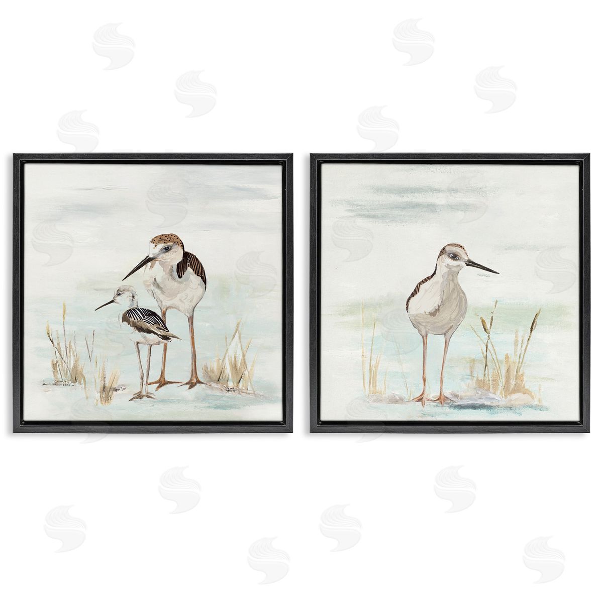 Sandpipers Among Beach Grasses Black Floating Frame Canvas Wall Art, Home Decor by Patricia Pinto