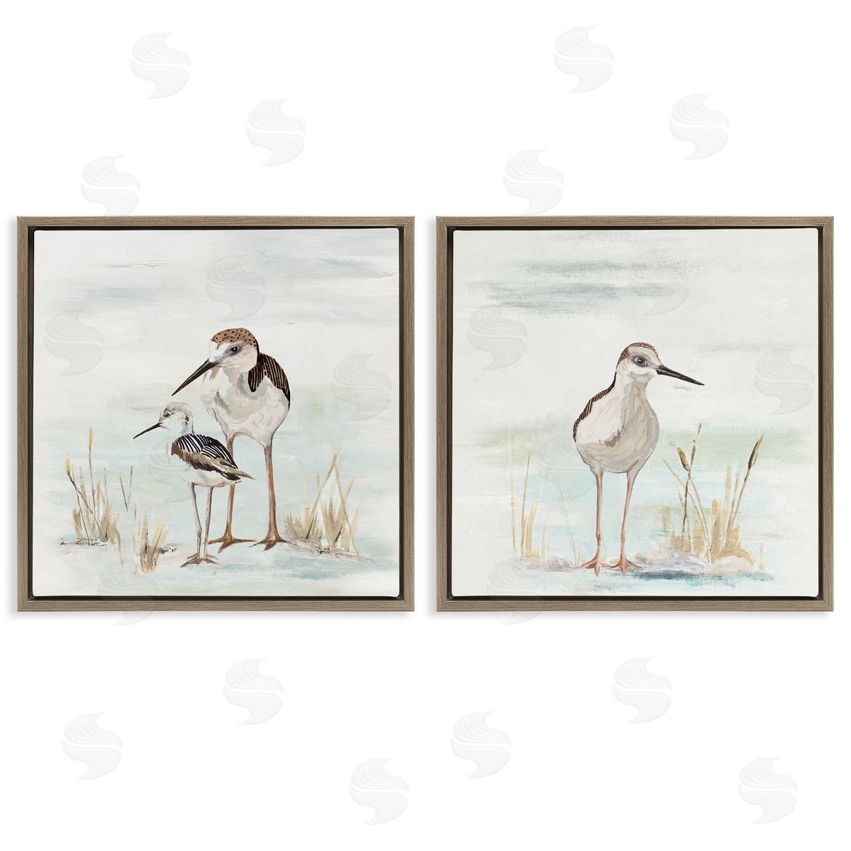 Sandpipers Among Beach Grasses Brown Floating Frame Canvas Wall Art, Home Decor by Patricia Pinto
