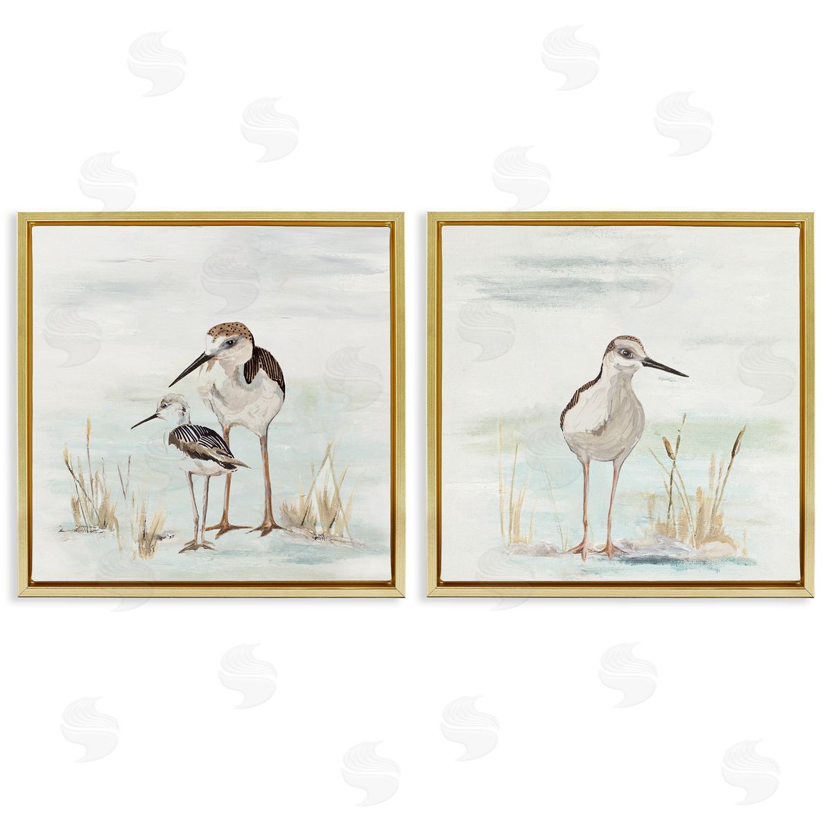 Sandpipers Among Beach Grasses Gold Floating Frame Canvas Wall Art, Home Decor by Patricia Pinto