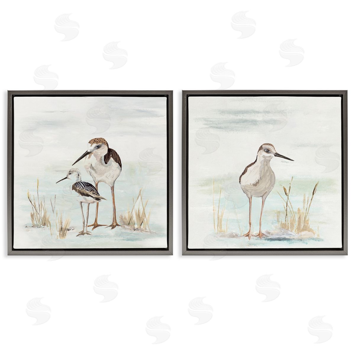 Sandpipers Among Beach Grasses Grey Floating Frame Canvas Wall Art, Home Decor by Patricia Pinto