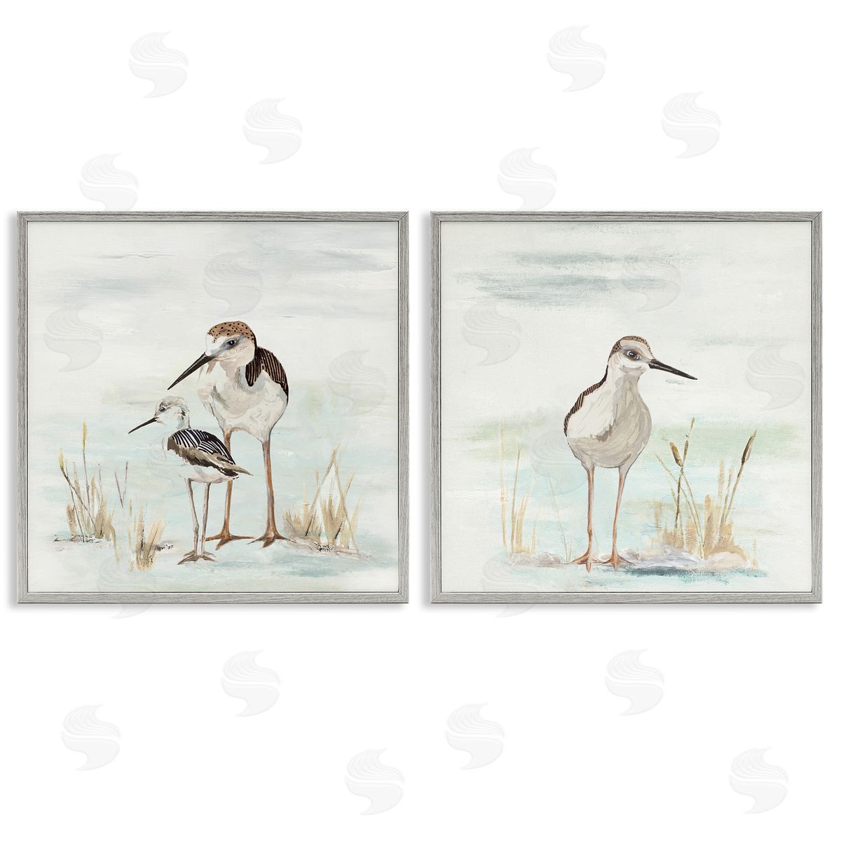 Sandpipers Among Beach Grasses Grey Frame Print Wall Art, Home Decor by Patricia Pinto