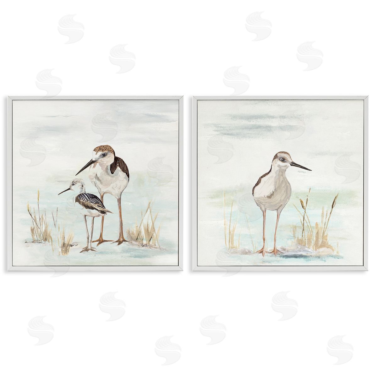 Sandpipers Among Beach Grasses White Frame Print Wall Art, Home Decor by Patricia Pinto