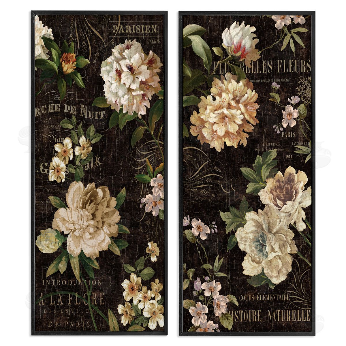 Vintage French Typography Flowers Black Frame Print Wall Art, Home Decor by Deborah Devellier