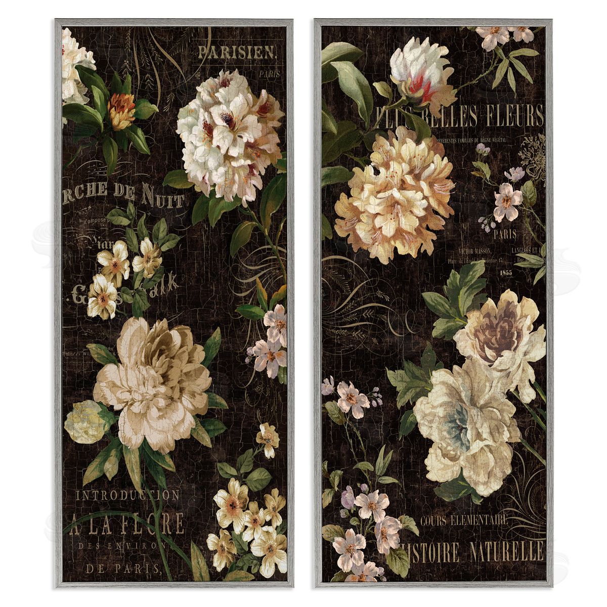 Vintage French Typography Flowers Grey Frame Print Wall Art, Home Decor by Deborah Devellier