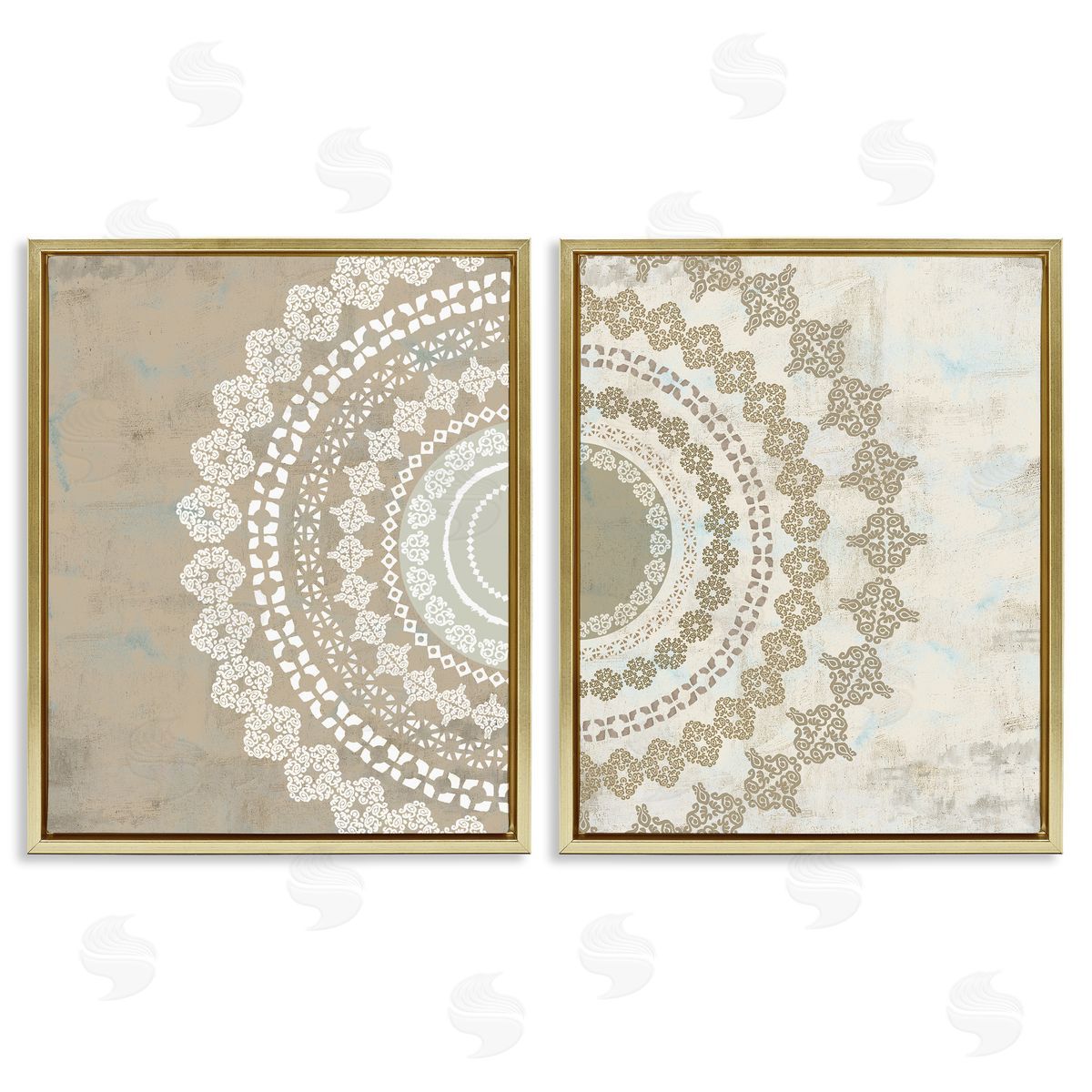 Rustic Mandala Boho Pattern Gold Floating Frame Canvas Wall Art, Home Decor by Flora Kouta