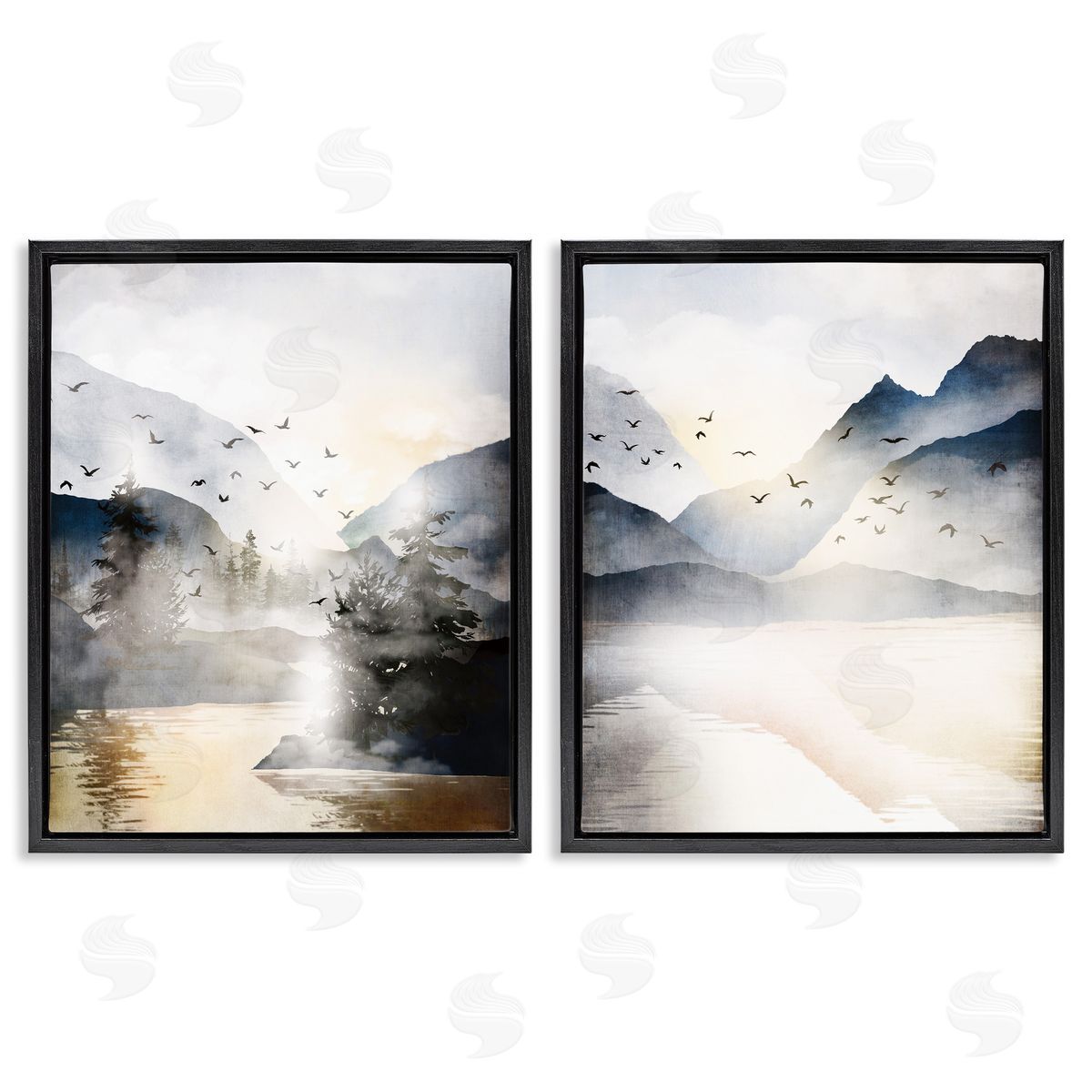 Sunlit Birds Over Lake Landscape Black Floating Frame Canvas Wall Art, Home Decor by JJ Design House LLC