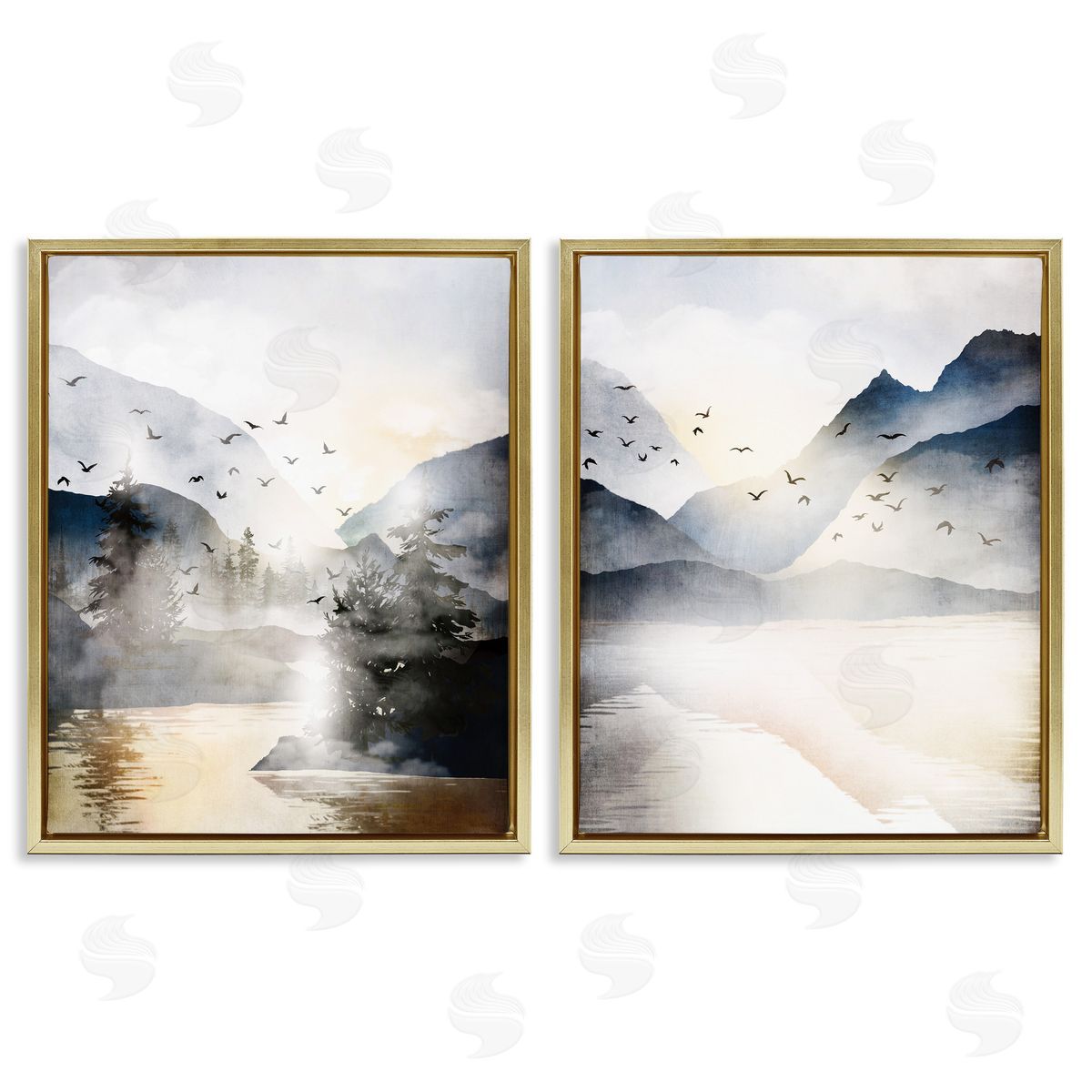 Sunlit Birds Over Lake Landscape Gold Floating Frame Canvas Wall Art, Home Decor by JJ Design House LLC