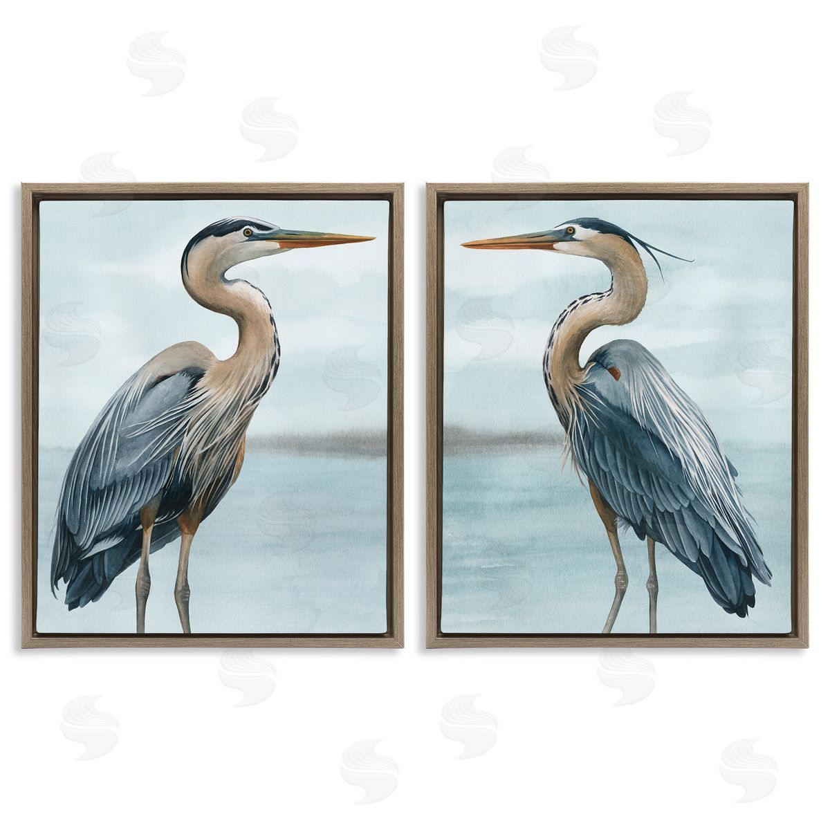 Detailed Heron Bird Duo Brown Floating Frame Canvas Wall Art, Home Decor by Grace Popp