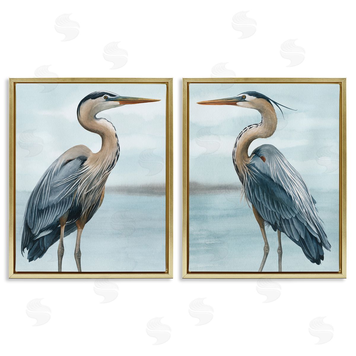 Detailed Heron Bird Duo Gold Floating Frame Canvas Wall Art, Home Decor by Grace Popp