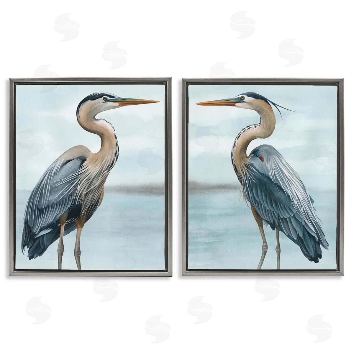 Detailed Heron Bird Duo Grey Floating Frame Canvas Wall Art, Home Decor by Grace Popp