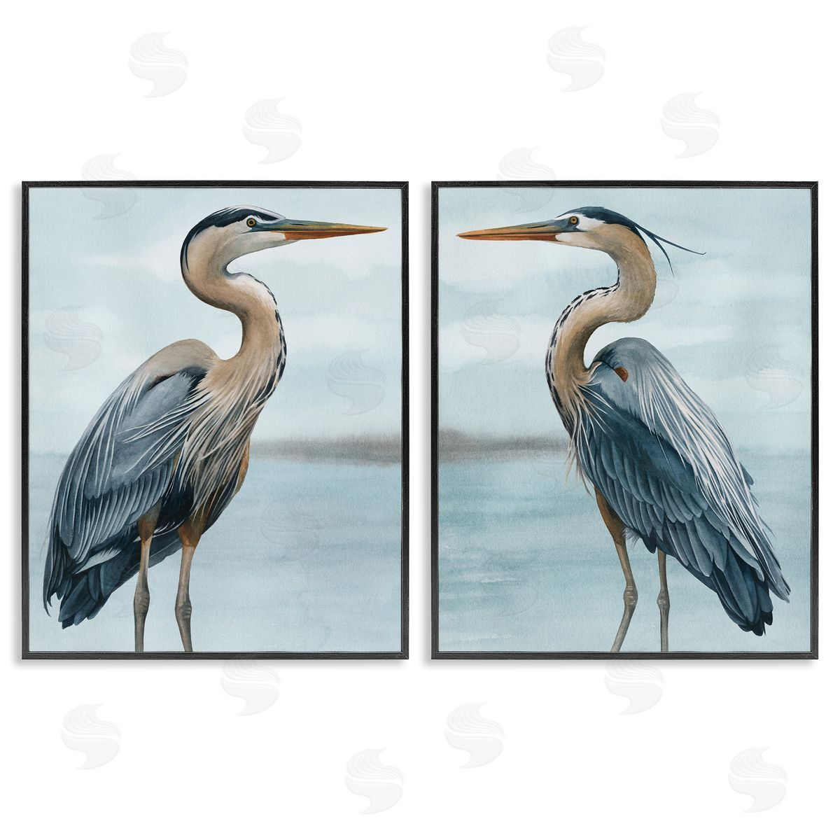 Detailed Heron Bird Duo Black Frame Print Wall Art, Home Decor by Grace Popp