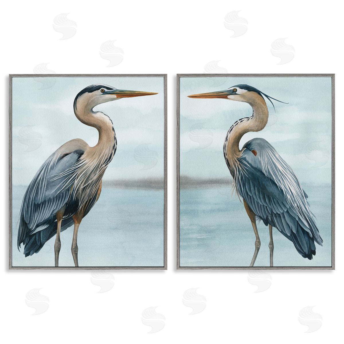 Detailed Heron Bird Duo Grey Frame Print Wall Art, Home Decor by Grace Popp