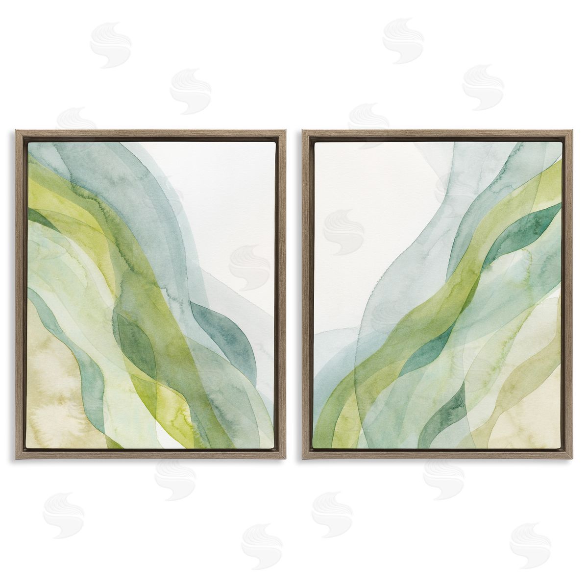 Abstract Green Waves Brown Floating Frame Canvas Wall Art, Home Decor by Grace Popp