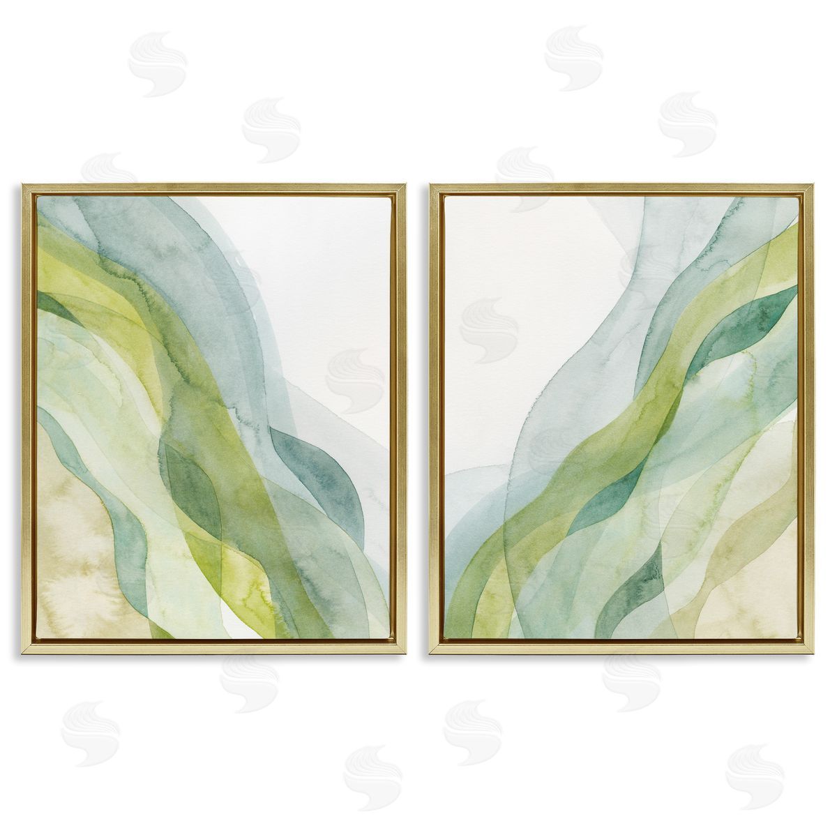 Abstract Green Waves Gold Floating Frame Canvas Wall Art, Home Decor by Grace Popp