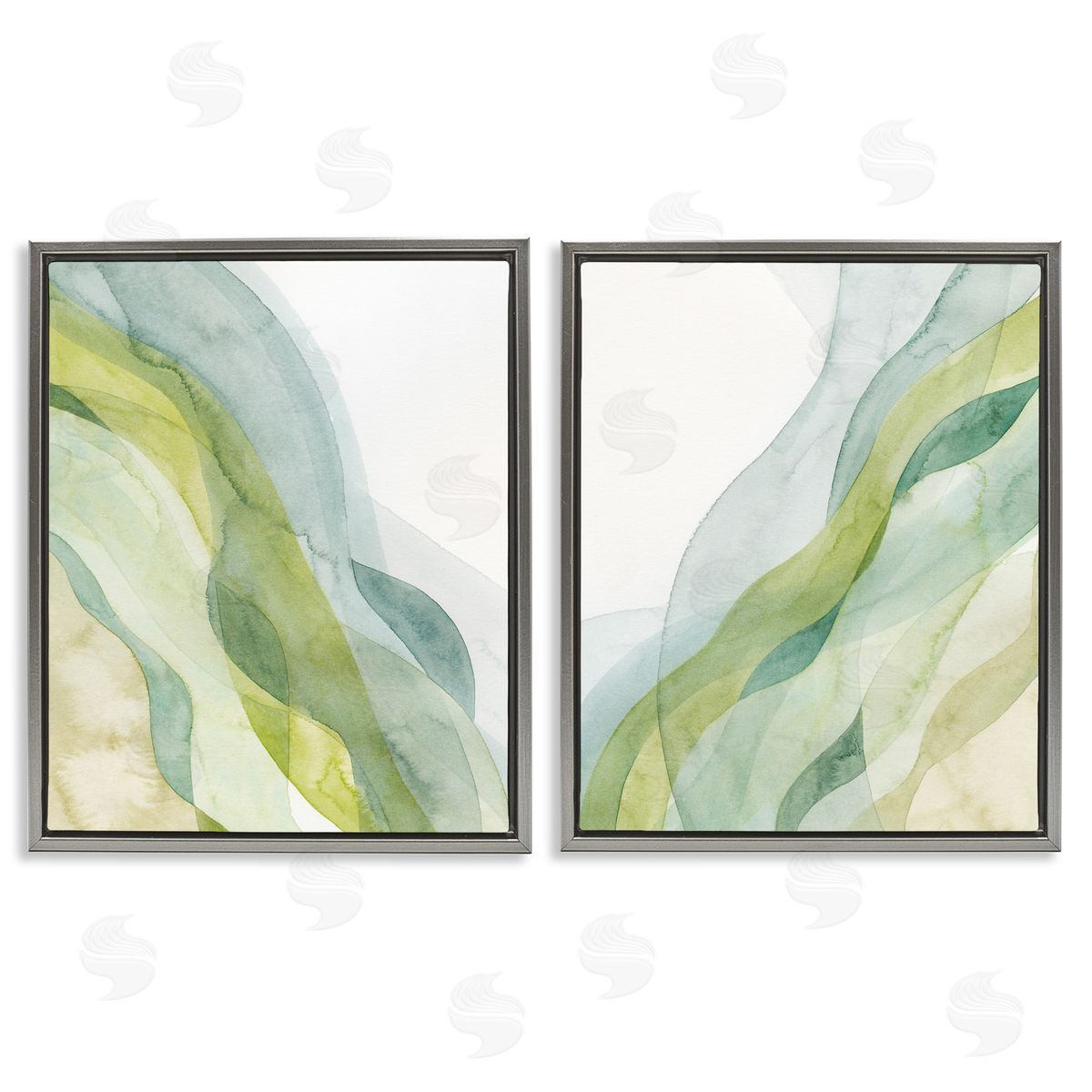 Abstract Green Waves Grey Floating Frame Canvas Wall Art, Home Decor by Grace Popp
