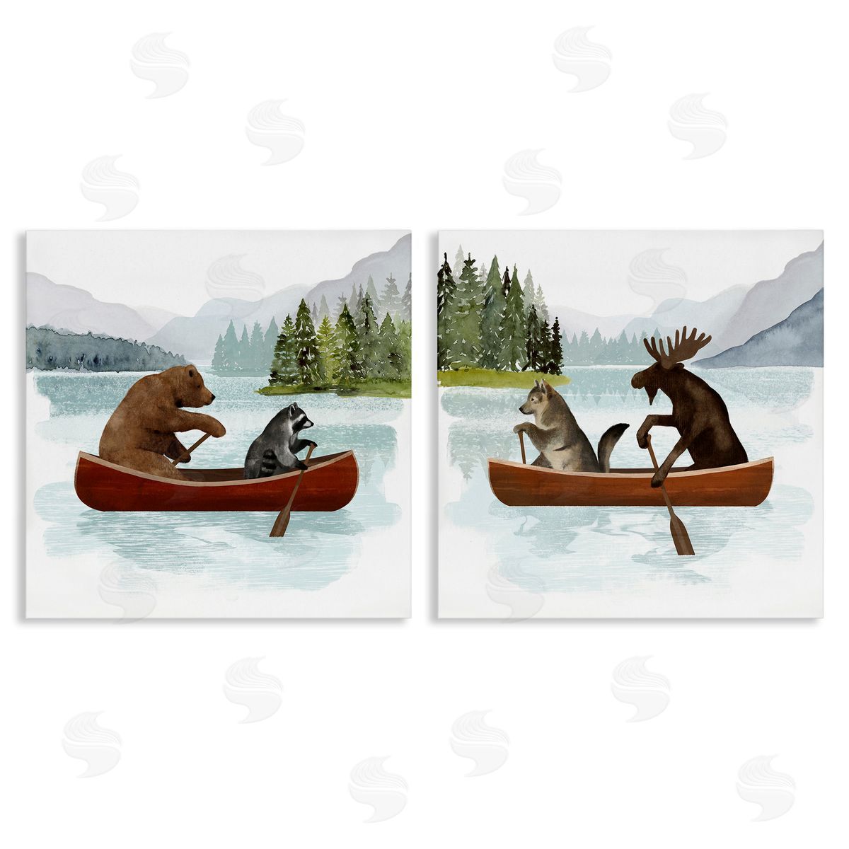 Woodland Animals on Canoes Canvas Wall Art, Home Decor by Victoria Barnes