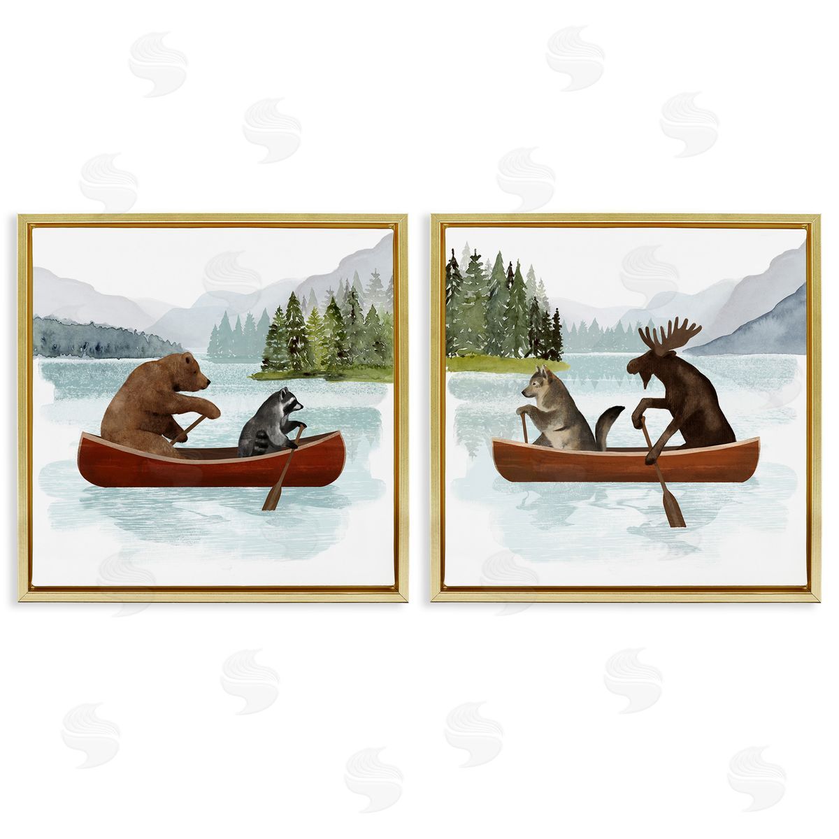 Woodland Animals on Canoes Gold Floating Frame Canvas Wall Art, Home Decor by Victoria Barnes