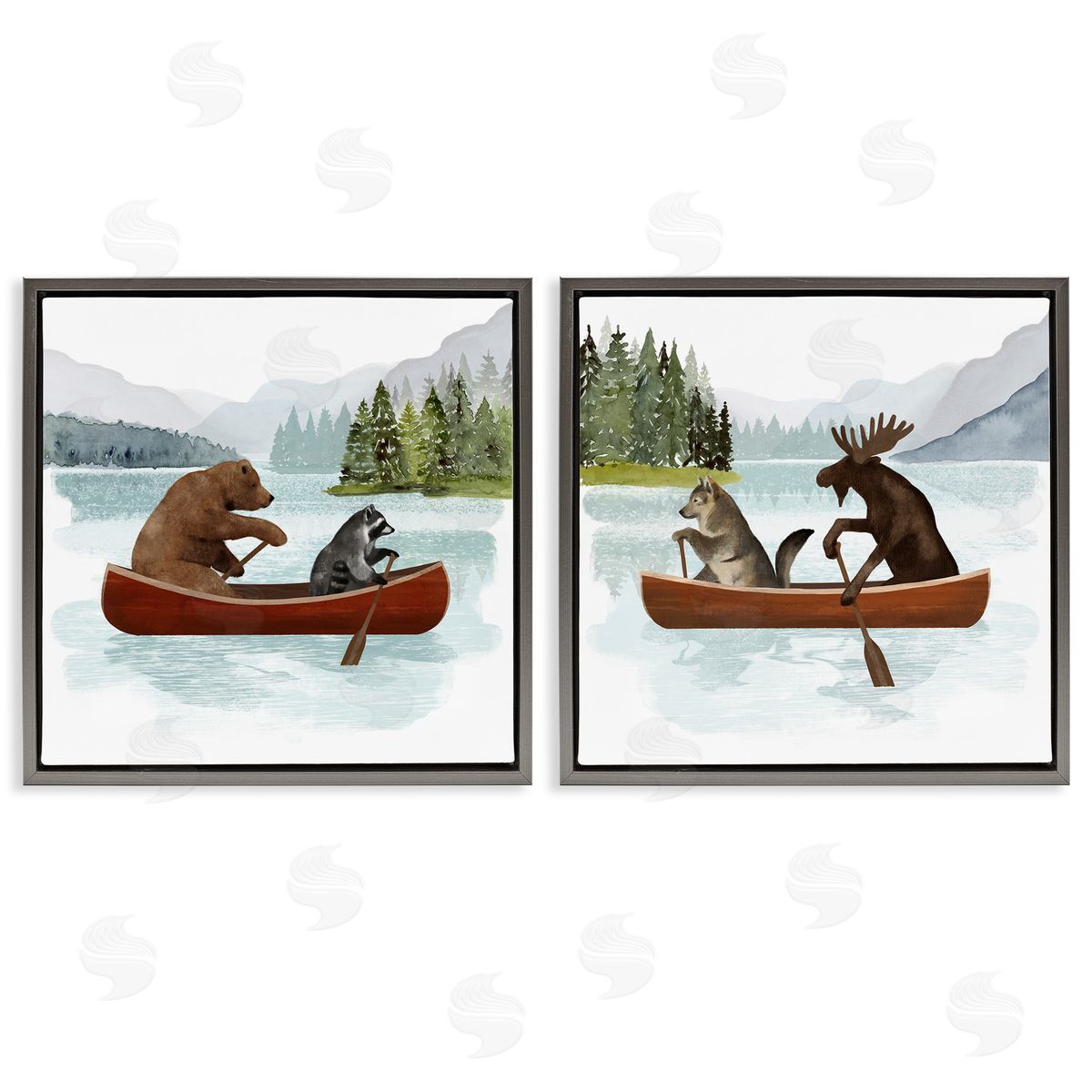 Woodland Animals on Canoes Grey Floating Frame Canvas Wall Art, Home Decor by Victoria Barnes