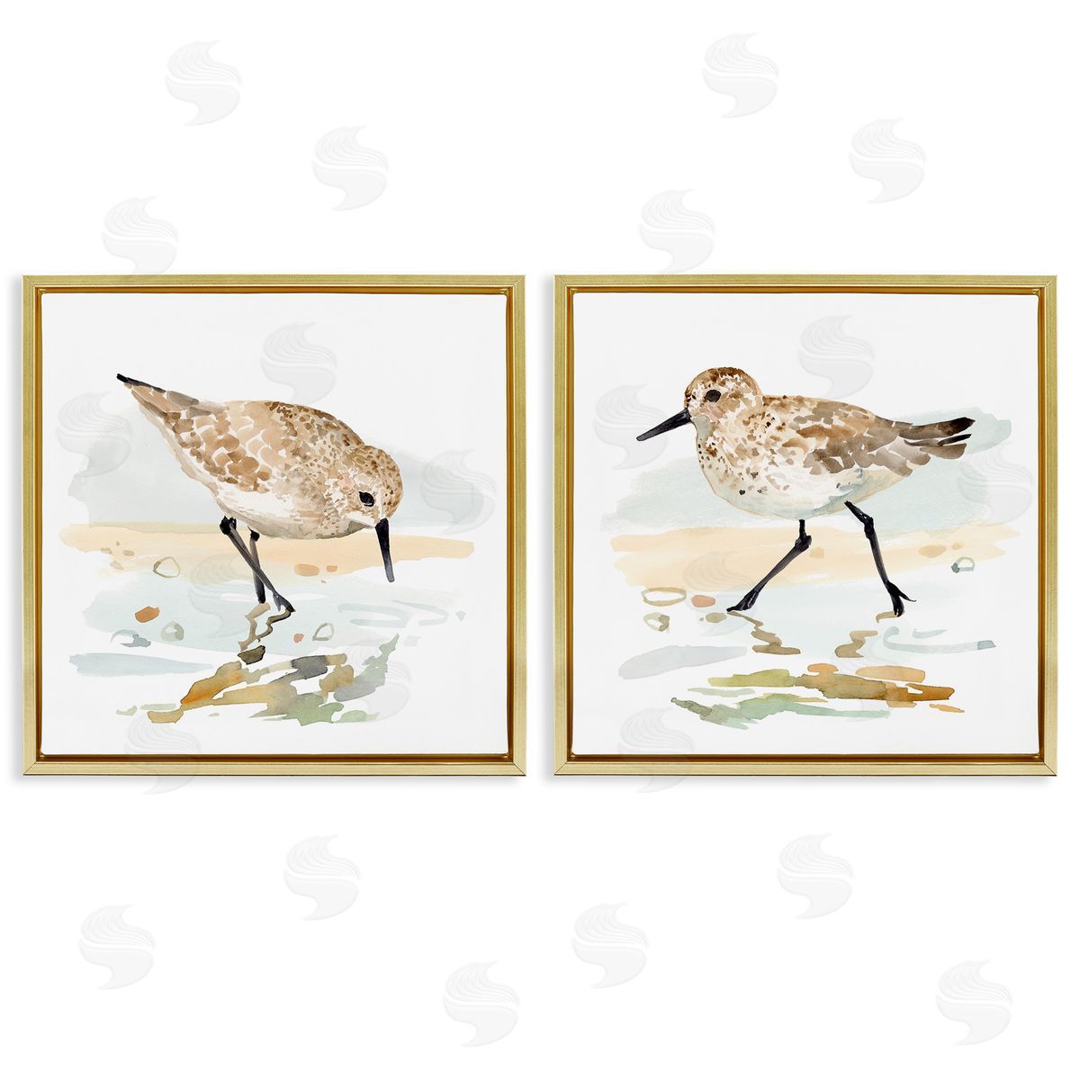 Sea Birds on Shore Gold Floating Frame Canvas Wall Art, Home Decor by Victoria Barnes