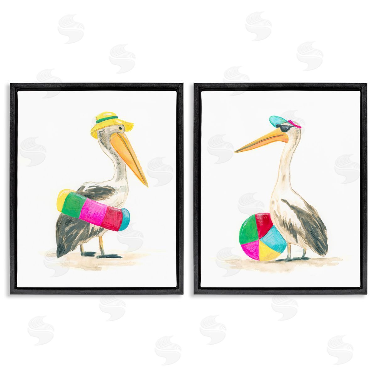 Pelicans & Beach Floats Black Floating Frame Canvas Wall Art, Home Decor by June Erica Vess