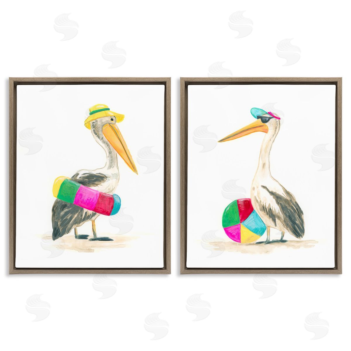 Pelicans & Beach Floats Brown Floating Frame Canvas Wall Art, Home Decor by June Erica Vess