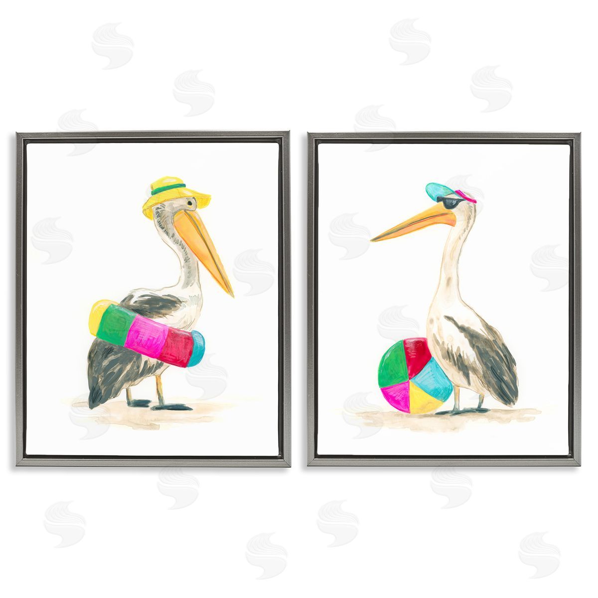 Pelicans & Beach Floats Grey Floating Frame Canvas Wall Art, Home Decor by June Erica Vess
