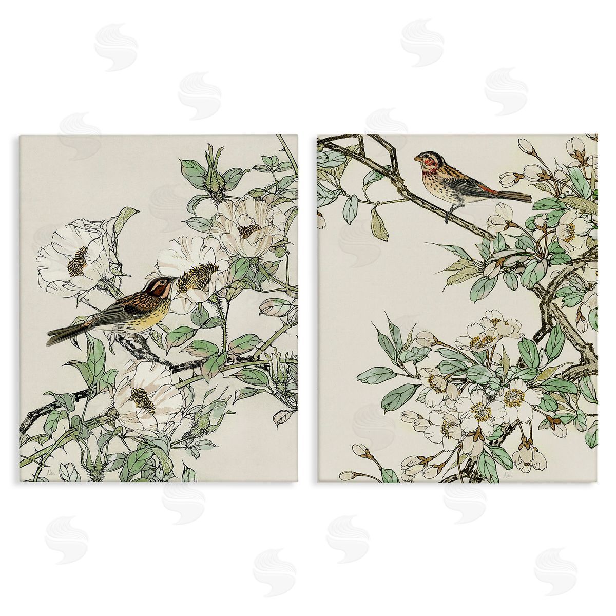 Classic Sparrow on Blossoms Canvas Wall Art, Home Decor by Nan