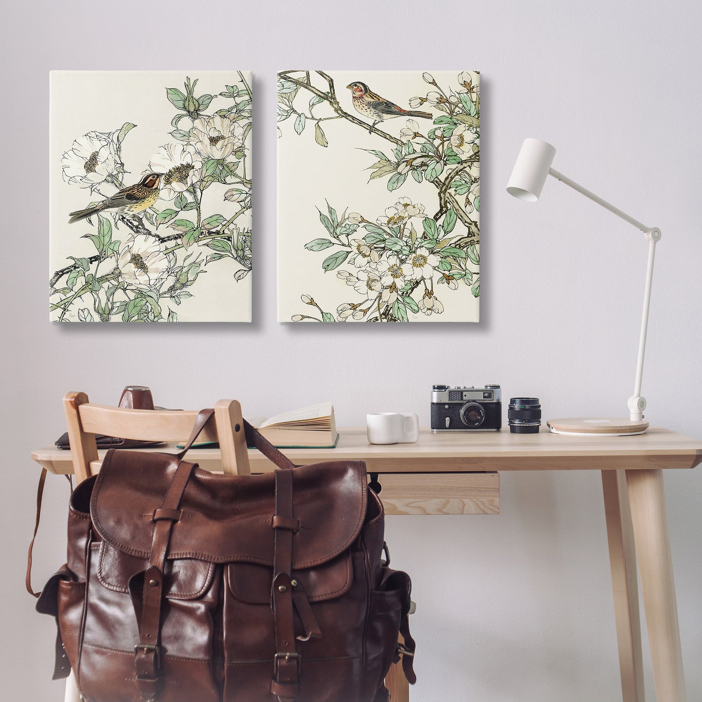 Classic Sparrow on Blossoms Canvas Wall Art in Room, Home Decor by Nan
